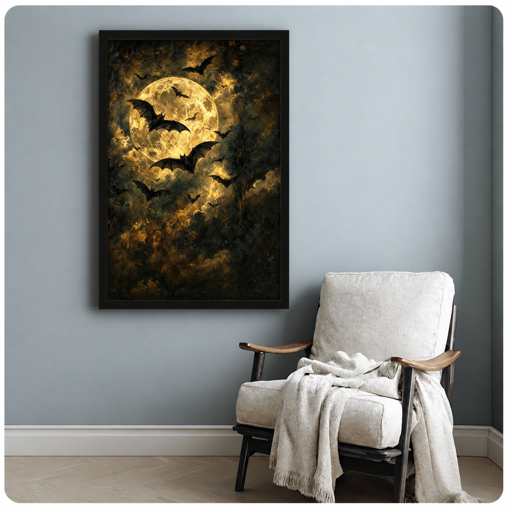 Gothic oil painting of black bats swarming a glowing golden full moon through dark stormy clouds wall art framed print beside armchair blue-gray wall