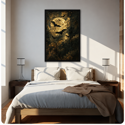 Gothic oil painting of black bats swarming a glowing golden full moon through dark stormy clouds wall art framed print above bed sunlit bedroom