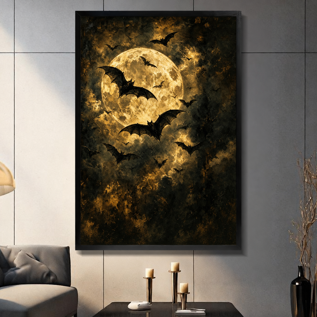 Gothic oil painting of black bats swarming a glowing golden full moon through dark stormy clouds wall art framed print dark panel wall living room