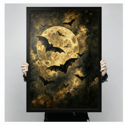 Gothic oil painting of black bats swarming a glowing golden full moon through dark stormy clouds wall art framed print held up