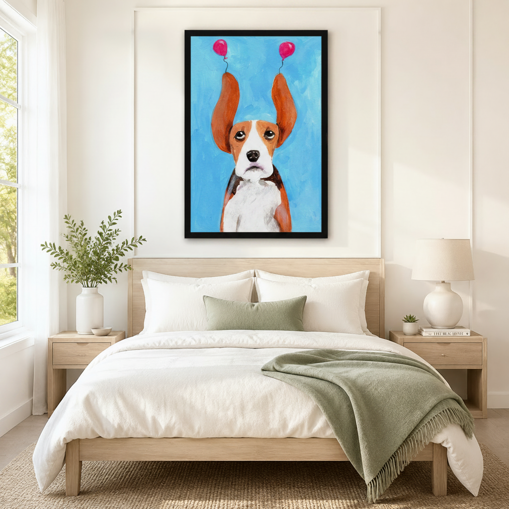 Framed beagle with pink balloon ears wall art displayed above a wooden bed with white bedding in a serene bedroom
