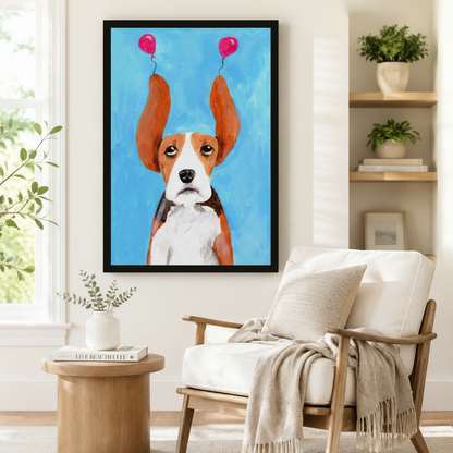 Funny beagle dog framed print with pink balloons, hanging beside a wooden accent chair and bookshelf in a reading nook