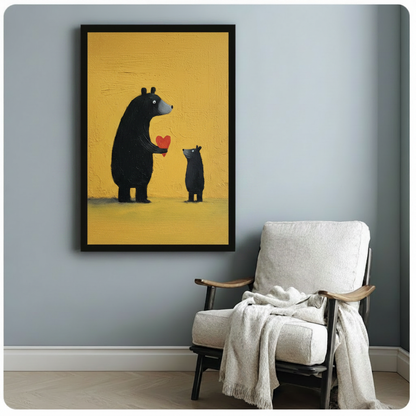 Black bear and cub sharing a red heart – framed wall art print displayed in a cozy living room with armchair