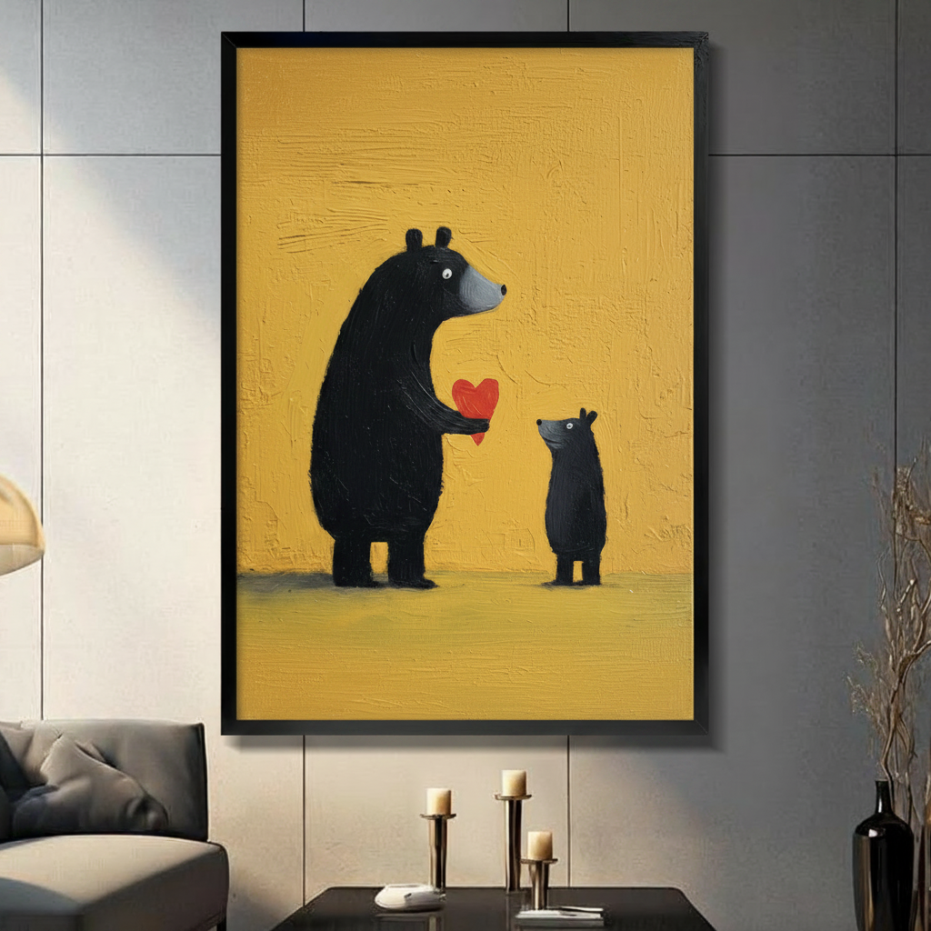Black-framed bear and cub heart print on golden yellow background, gallery wall display in modern interior