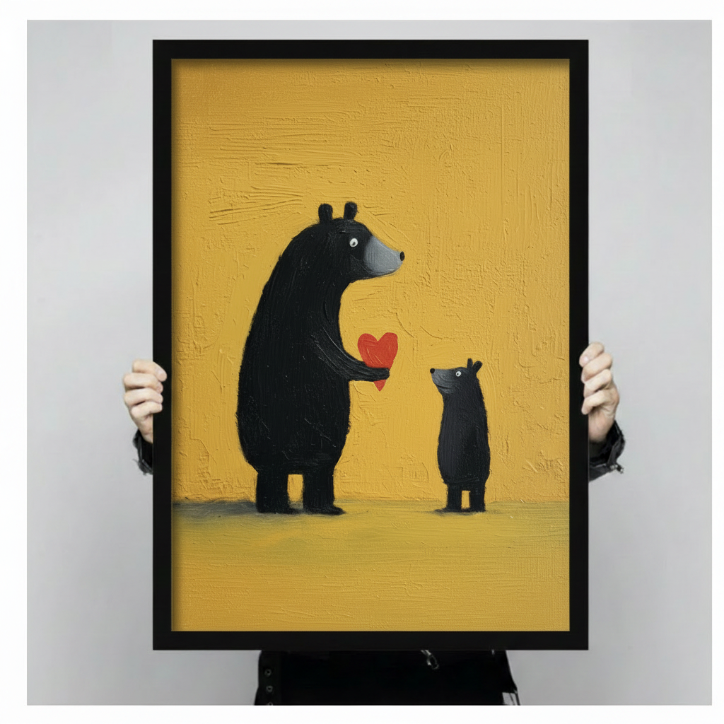 Framed canvas art print of a black bear offering a heart to a small cub on golden yellow background, hand-held close-up