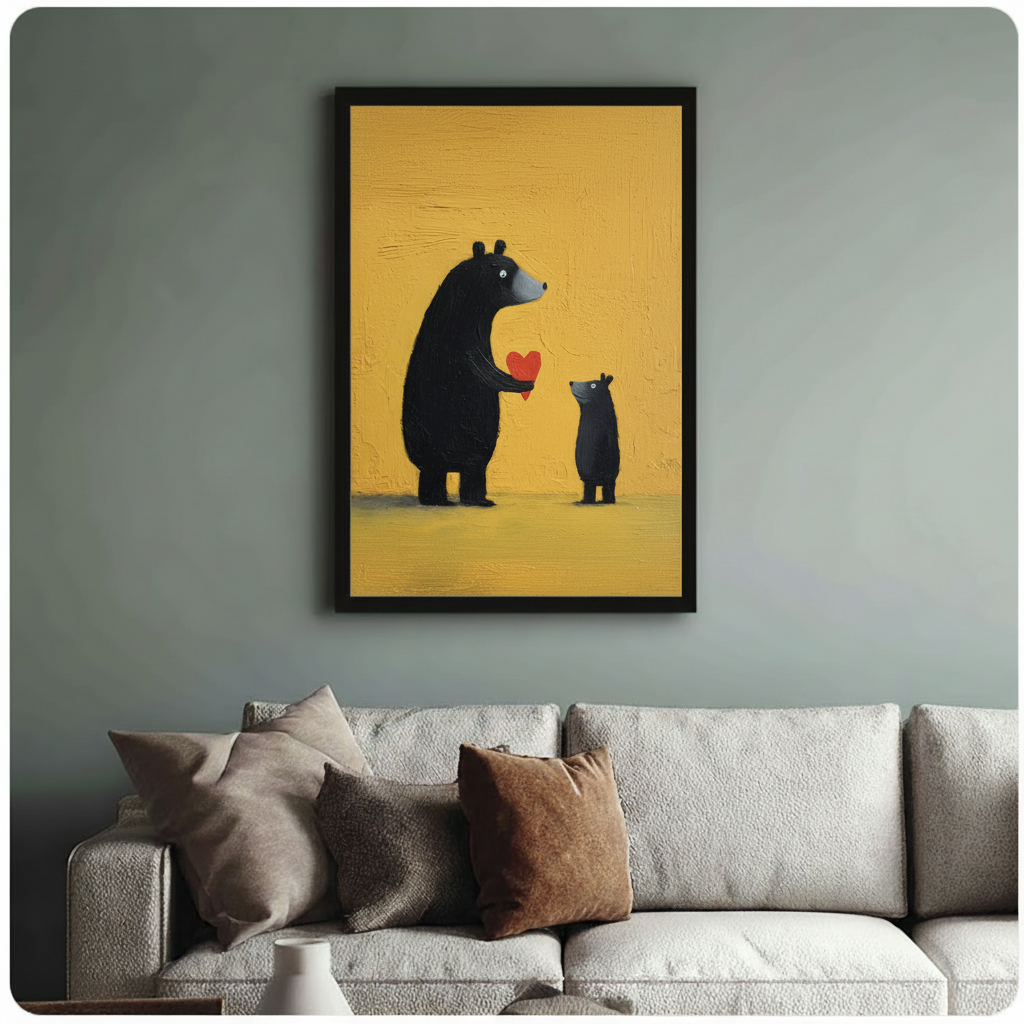 Black bear and cub heart art print in black frame, styled above a neutral sofa in a contemporary living room