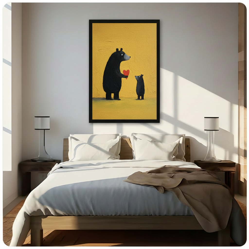 Cute bear family wall art above bed – black bear and baby cub with red heart, framed poster in modern bedroom
