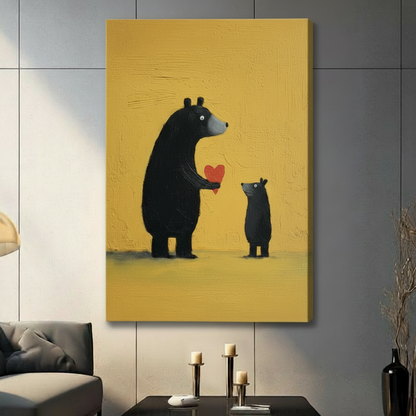 Unframed yellow canvas wall art featuring a black bear and cub with a red heart, mounted on dark grey wall