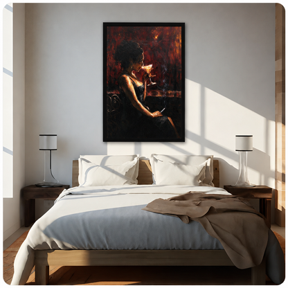 Cocktail woman canvas wall art in a black frame above a bed with white bedding and matching bedside lamps.