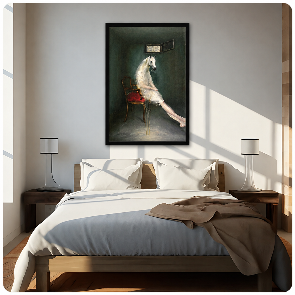 Framed horse woman wall art above a bed with white bedding, matching lamps, and warm sunlight.