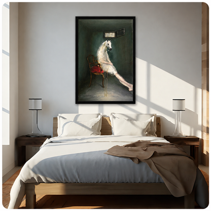 Framed horse woman wall art above a bed with white bedding, matching lamps, and warm sunlight.