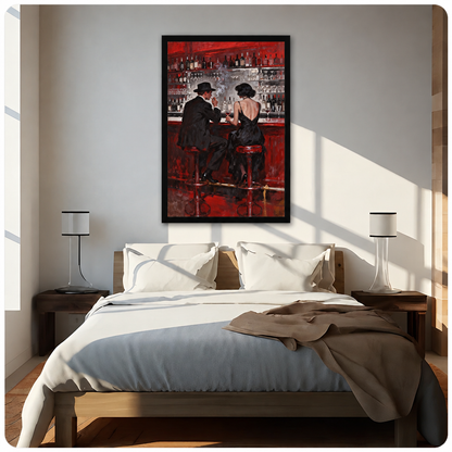 Framed red bar couple artwork above a bed with white bedding, matching bedside lamps, and warm sunlight.