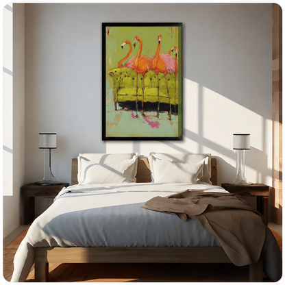 Framed flamingo canvas art above a sunlit bed, bringing playful color to a neutral bedroom.