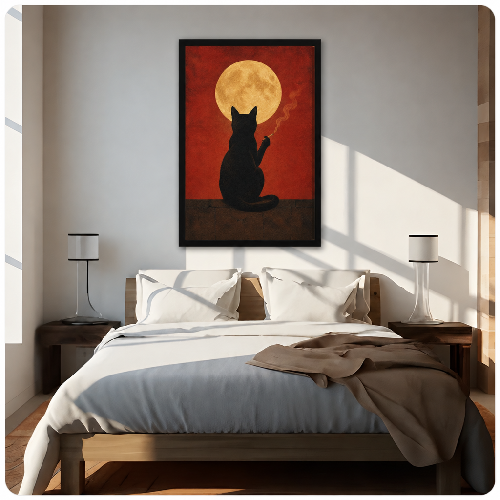 Framed black cat moon wall art above a sunlit bed in a neutral bedroom.