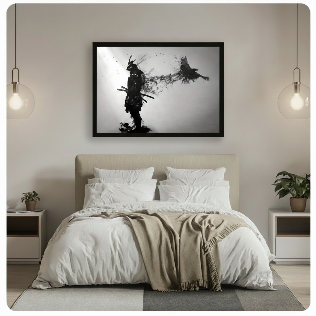 Samurai and crow ink canvas wall art in black float frame above minimalist bedroom bed, modern Japanese warrior decor
