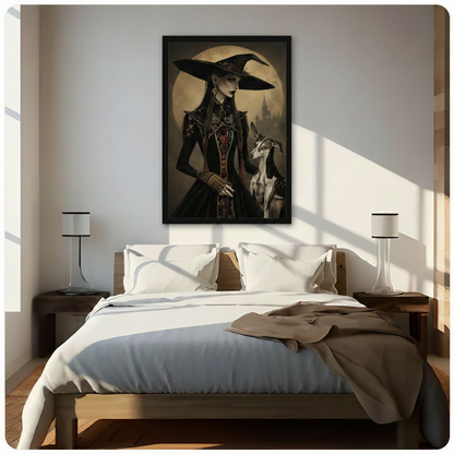 Gothic witch greyhound moon portrait framed canvas art above wooden bed with white bedding in sunlit modern bedroom
