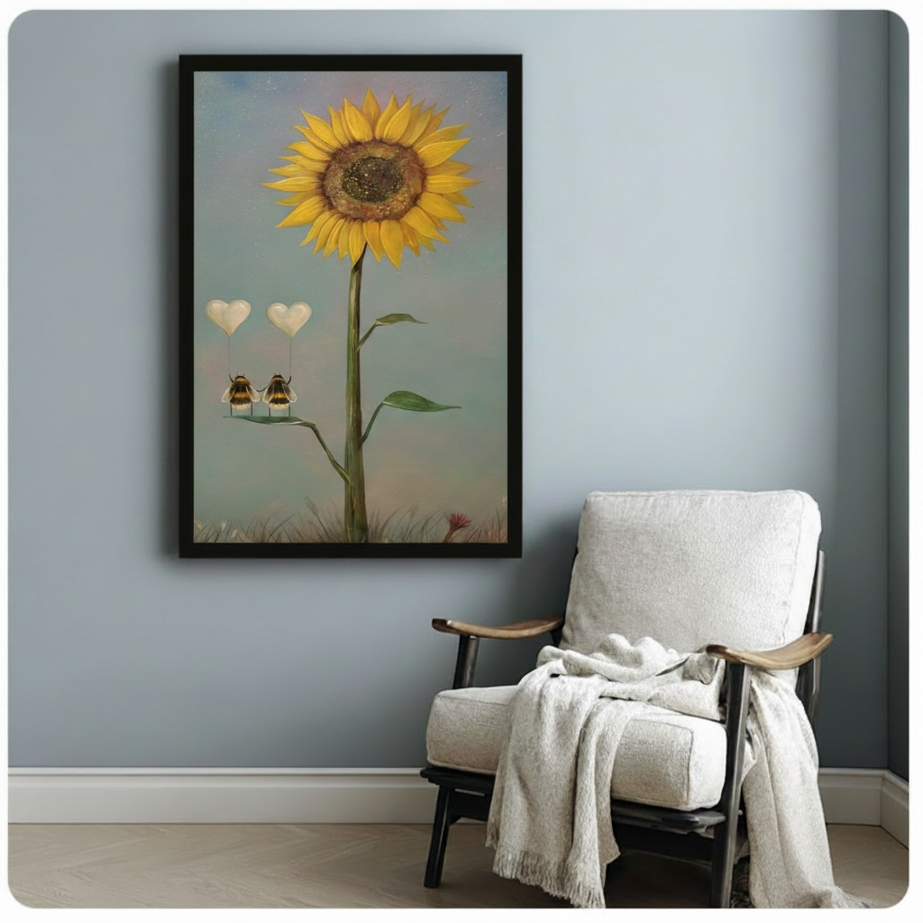 Romantic sunflower and bee wall art print with heart balloon detail, styled beside a cozy accent chair in a light blue room