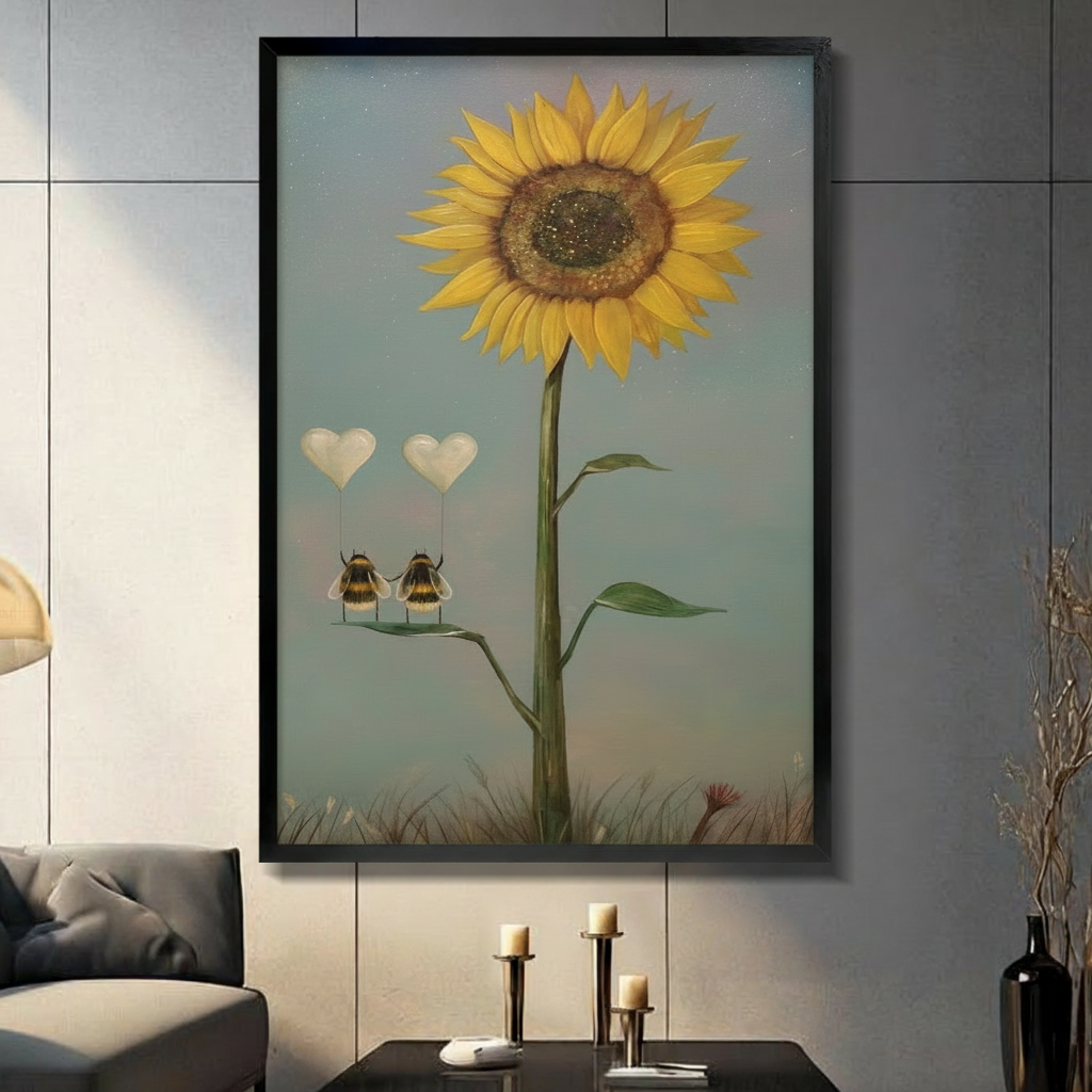 	Framed wall art print of two bees holding heart balloons beside a tall sunflower, displayed in a modern dark-toned living room