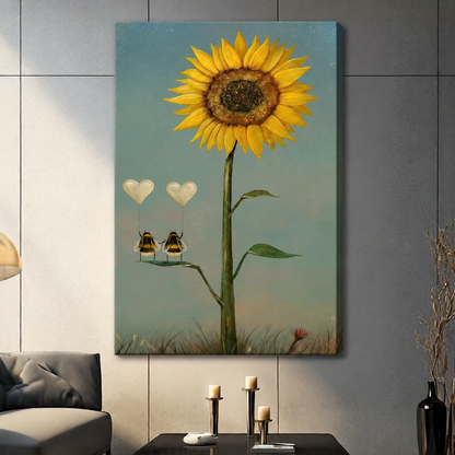 Canvas wrap wall art featuring a romantic bee couple with white heart balloons and a giant sunflower on a soft teal background