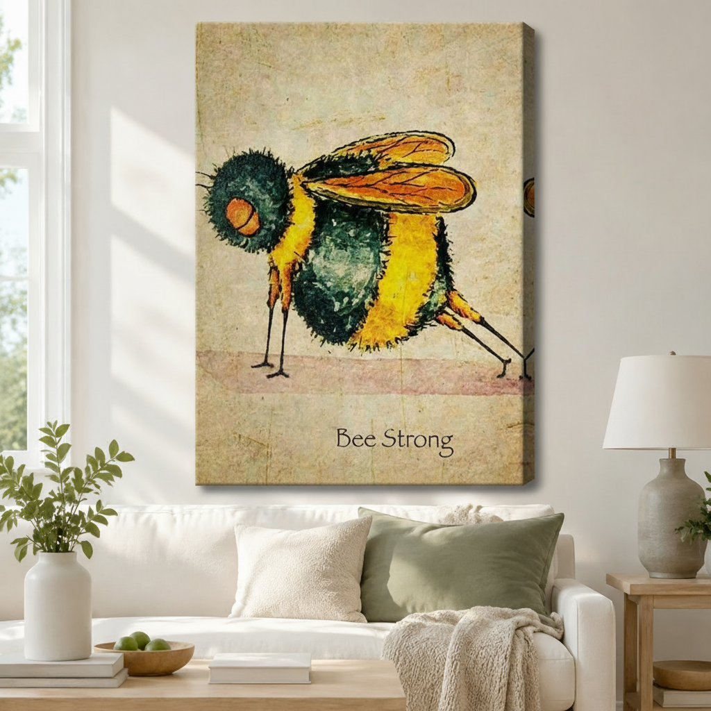 Gallery wrap stretched canvas of a bold illustrated bumblebee with "Bee Strong" quote on a warm parchment texture, hung above a white linen sofa in a Scandinavian living room