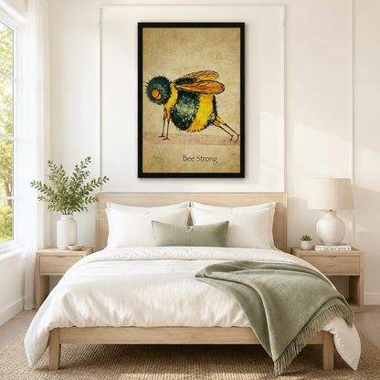 Oversized framed bumblebee wall art with "Bee Strong" quote on aged parchment, displayed above a neutral linen bed in a serene Scandinavian-style bedroom