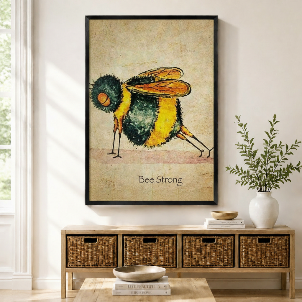 Framed vintage-style bumblebee wall art print with "Bee Strong" text on aged parchment background, displayed above a wicker storage sideboard in a bright entryway