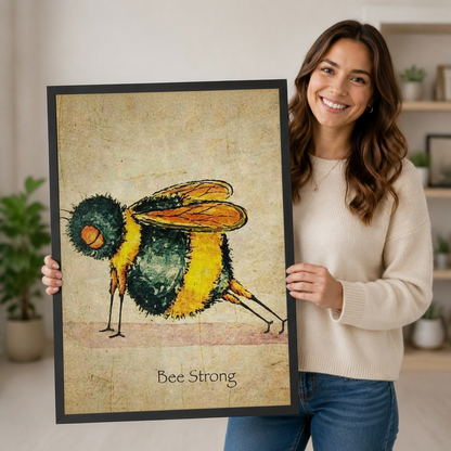 Smiling woman holding a large framed vintage bumblebee "Bee Strong" wall art print, showcasing print size, rich yellow-green tones, and textured parchment detail