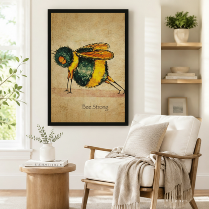 Black-framed vintage bumblebee illustration art print with "Bee Strong" lettering on a distressed parchment background, styled beside a linen armchair in a cozy reading corner