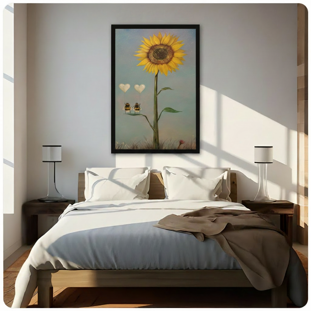 Bedroom wall art of a romantic bee pair with glowing heart balloons beside a sunflower, displayed above a bright Scandinavian-style bed