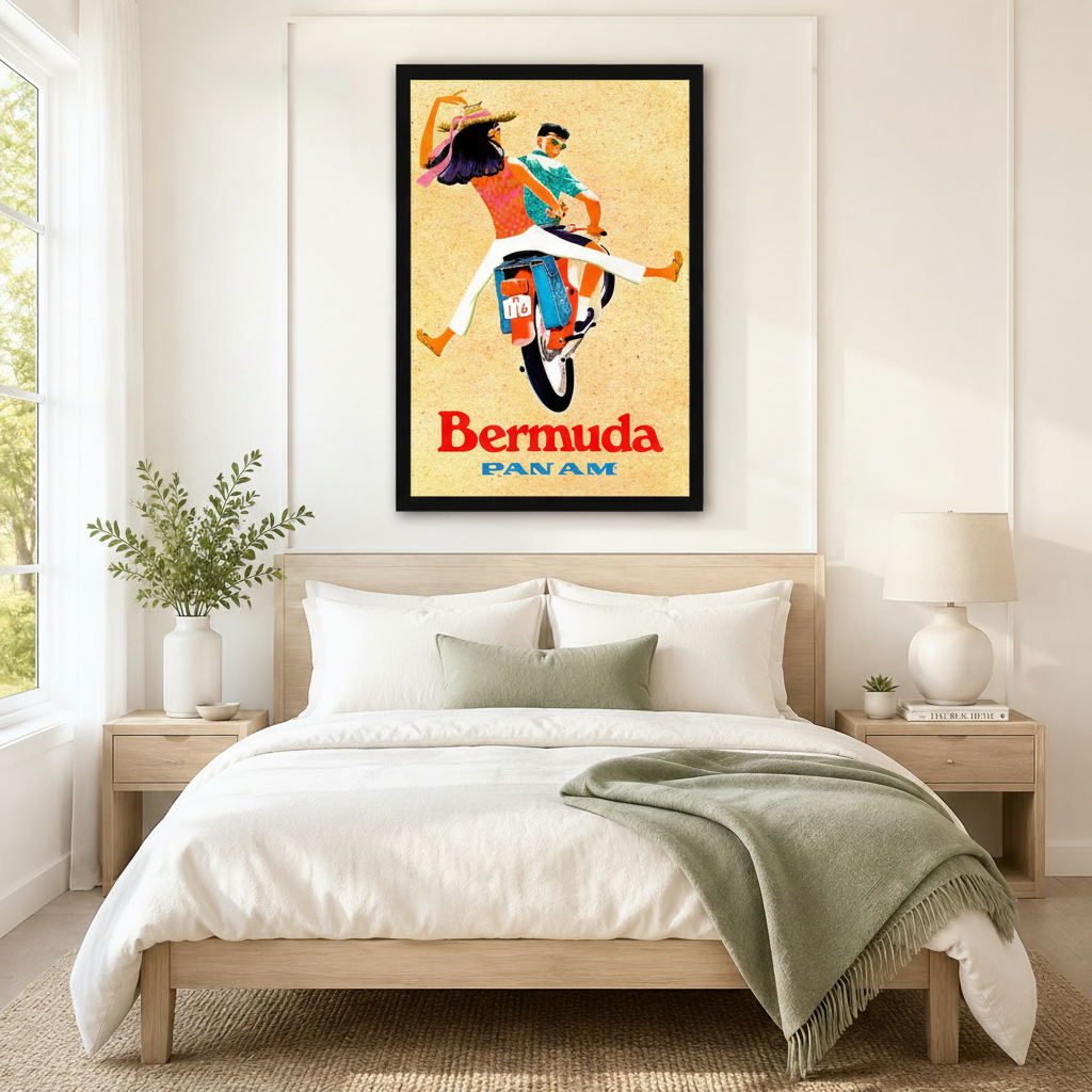 Oversized framed canvas of the classic Pan Am Bermuda travel poster with a couple on a scooter, mounted as a bold retro statement piece above a neutral linen bed in a minimalist bedroom