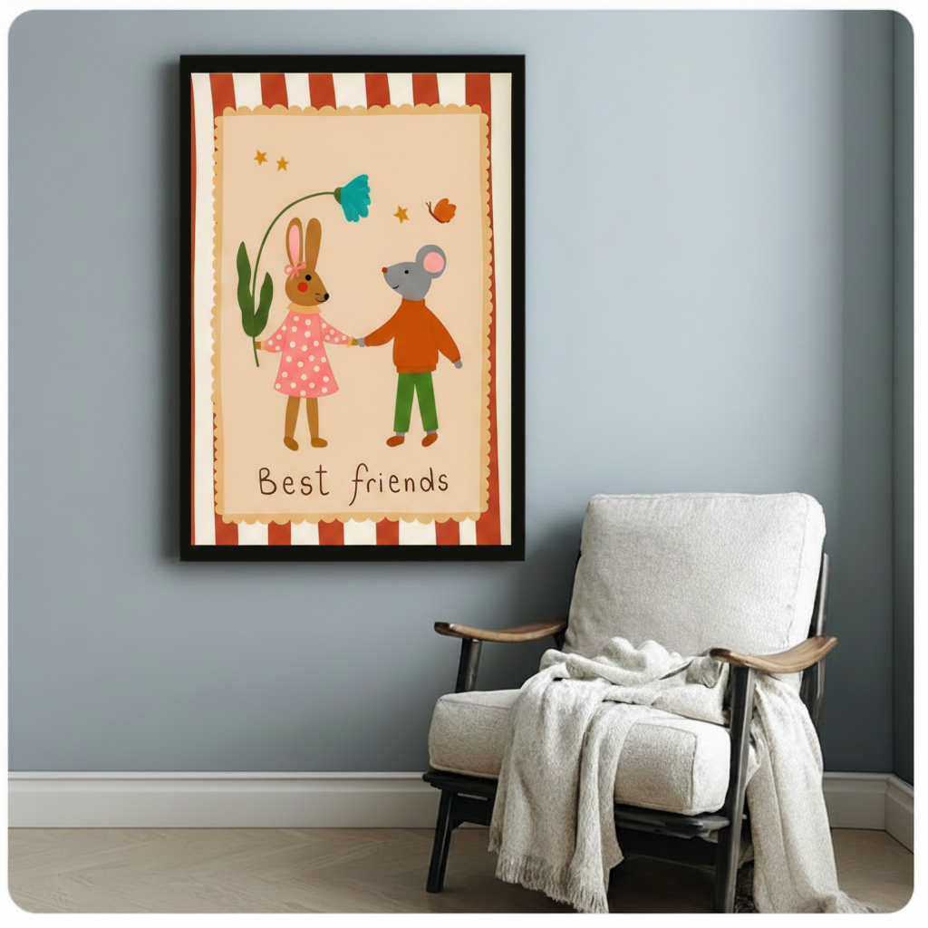 Charming Best Friends wall art print with cartoon rabbit and mouse, displayed in black frame beside white armchair