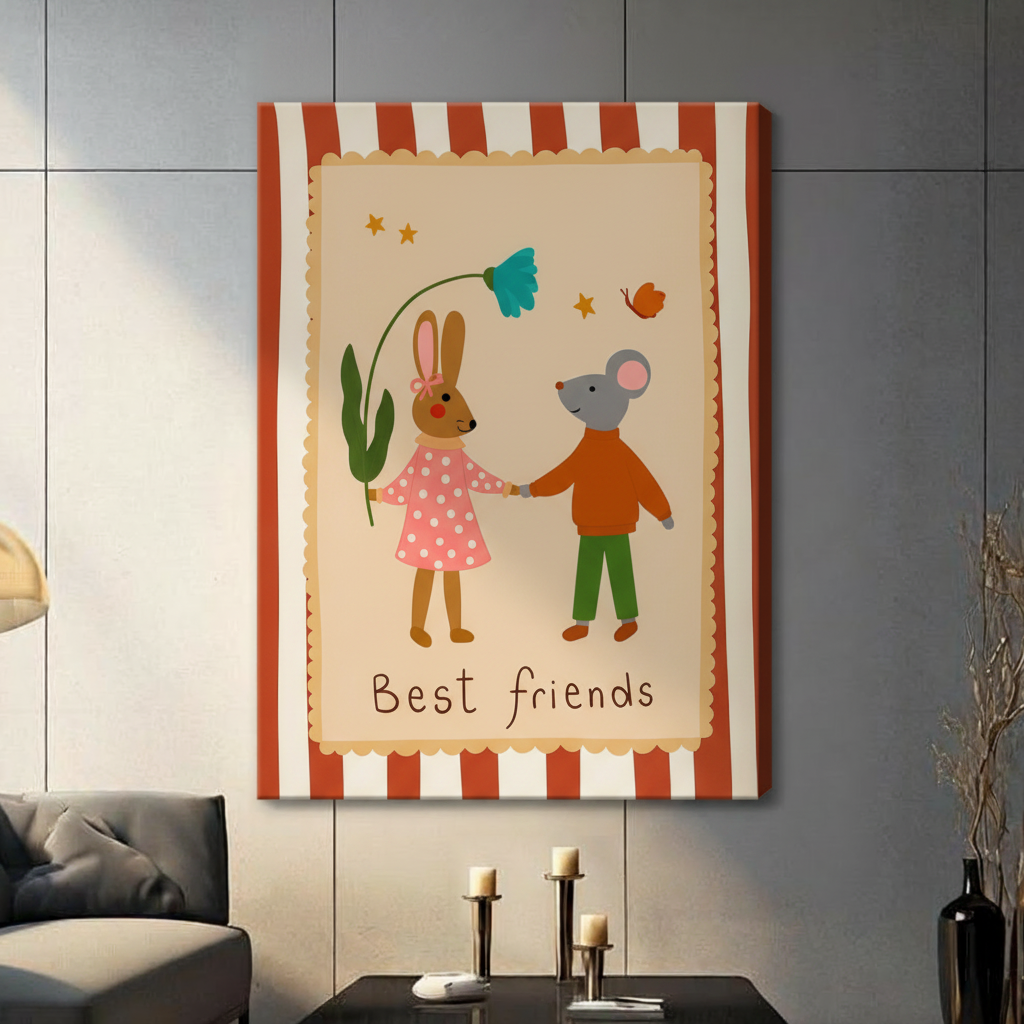 Cute Best Friends canvas wrap art print with illustrated rabbit and mouse characters, hung in modern living room setting