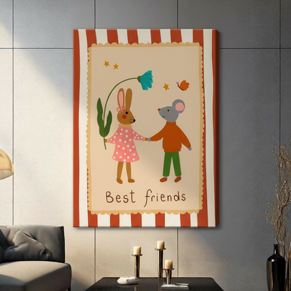 Cute Best Friends canvas wrap art print with illustrated rabbit and mouse characters, hung in modern living room setting