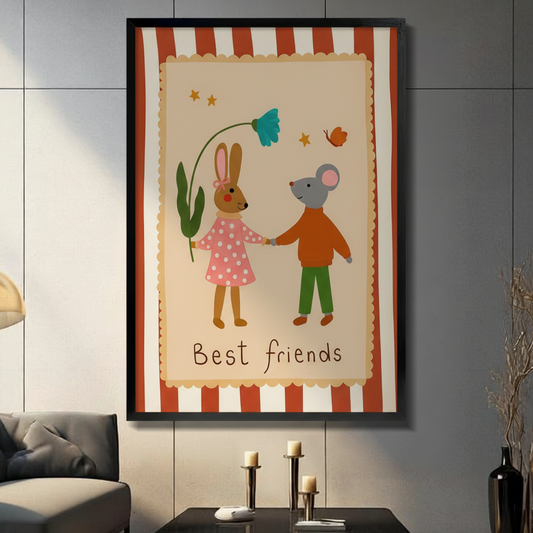 Best Friends children's wall art print featuring cartoon bunny and mouse holding hands, displayed in black frame on dark grey wall