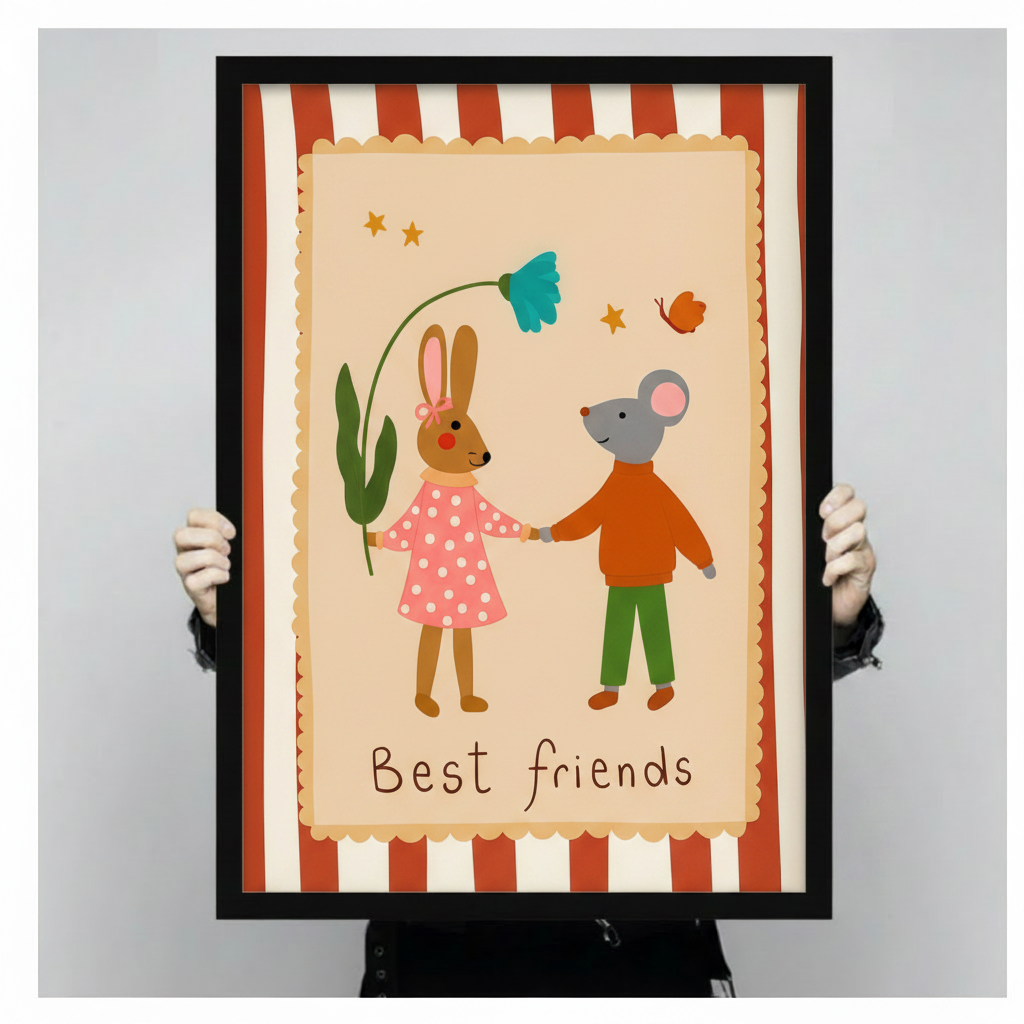 Best Friends children's art print showing illustrated bunny and mouse holding hands with flower, held up to show print size