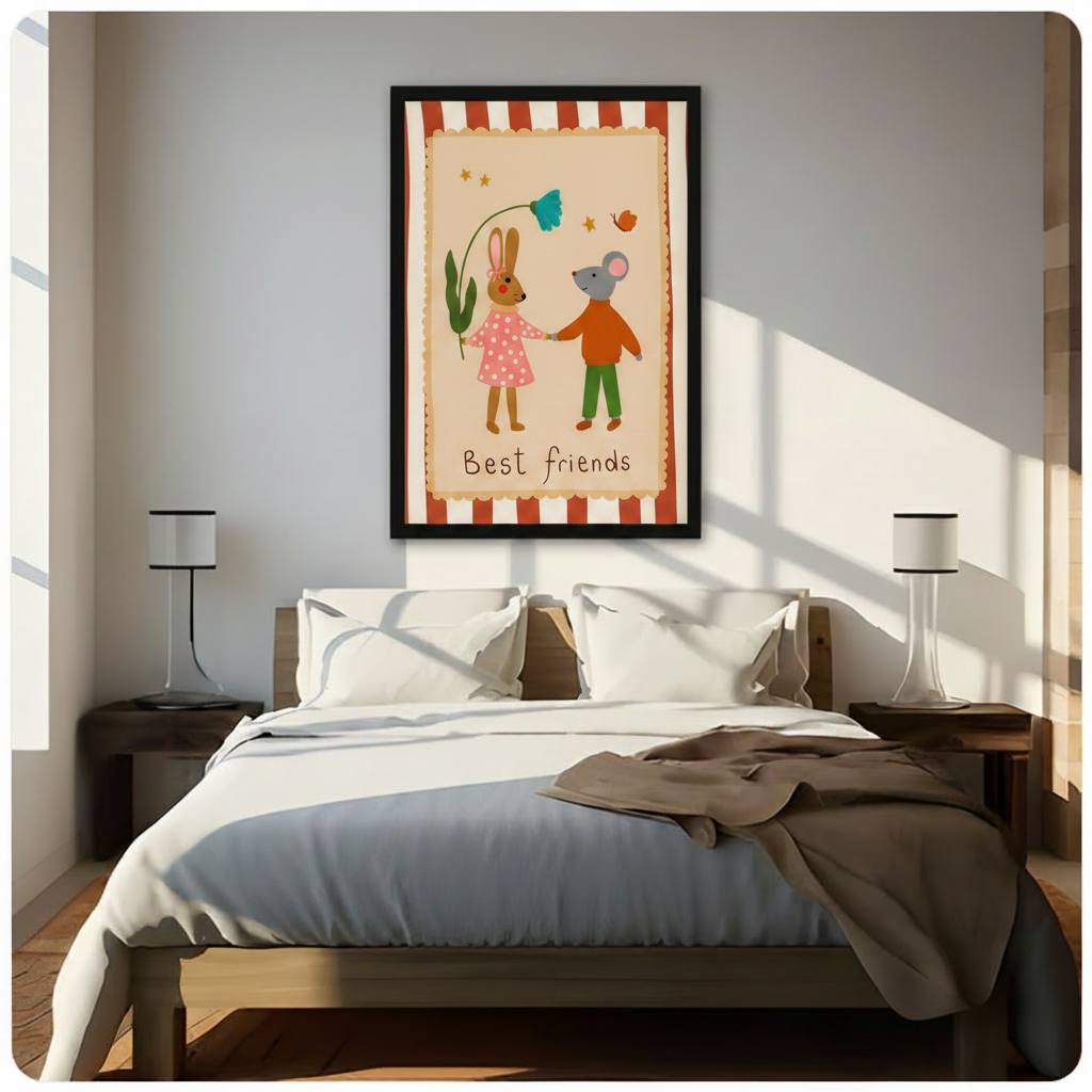 Best Friends framed wall art print with cute animal characters, hung above wooden bed in bright Scandinavian-style bedroom