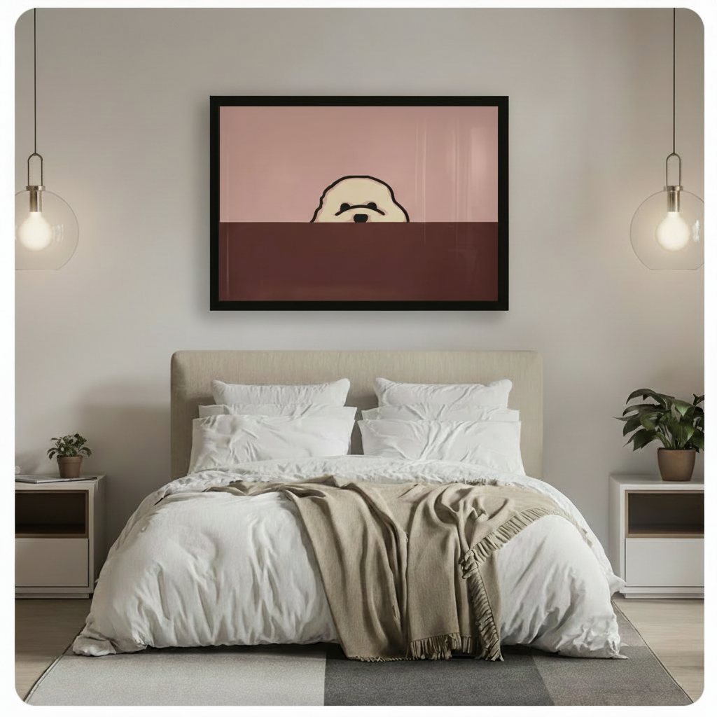 Bichon frise peeking minimalist two-tone framed canvas displayed above bed in modern neutral bedroom with upholstered headboard and glass pendant lights - cute dog line art wall decor with dusty rose pink and chocolate brown palette for elegant bedroom
