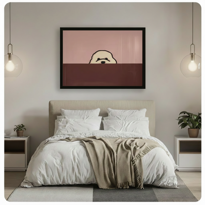 Bichon frise peeking minimalist two-tone framed canvas displayed above bed in modern neutral bedroom with upholstered headboard and glass pendant lights - cute dog line art wall decor with dusty rose pink and chocolate brown palette for elegant bedroom
