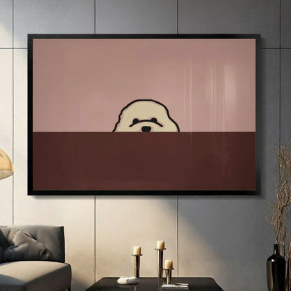 Bichon frise dog peeking over ledge minimalist two-tone framed wall art - cute line illustration canvas print with dusty rose pink upper field and deep chocolate brown lower block for living room decor