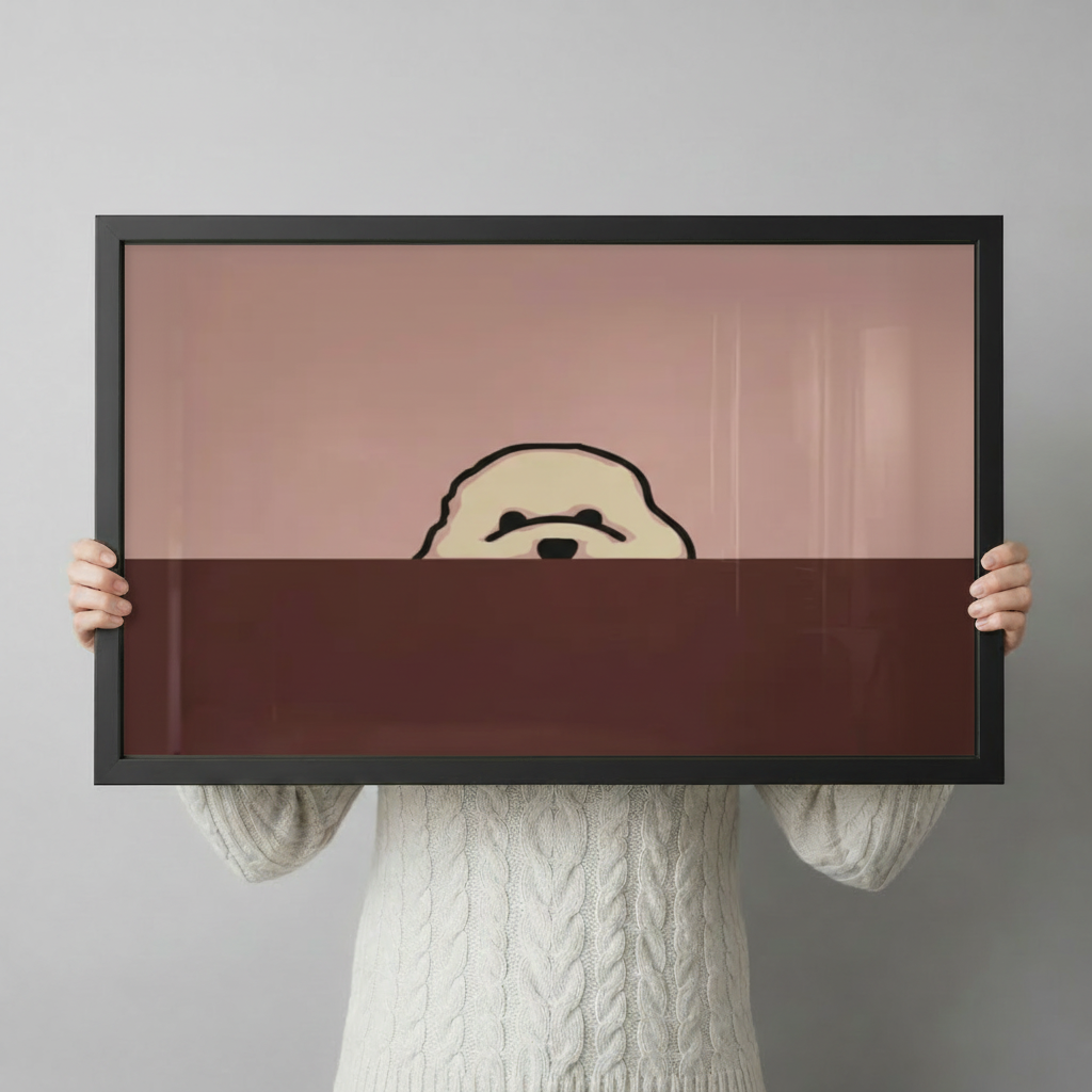 Hands in white knit sweater holding large framed bichon frise peeking canvas print - full artwork detail of minimalist two-tone line illustration with fluffy white bichon head peeking over horizontal ledge on dusty rose pink and deep chocolate brown split background