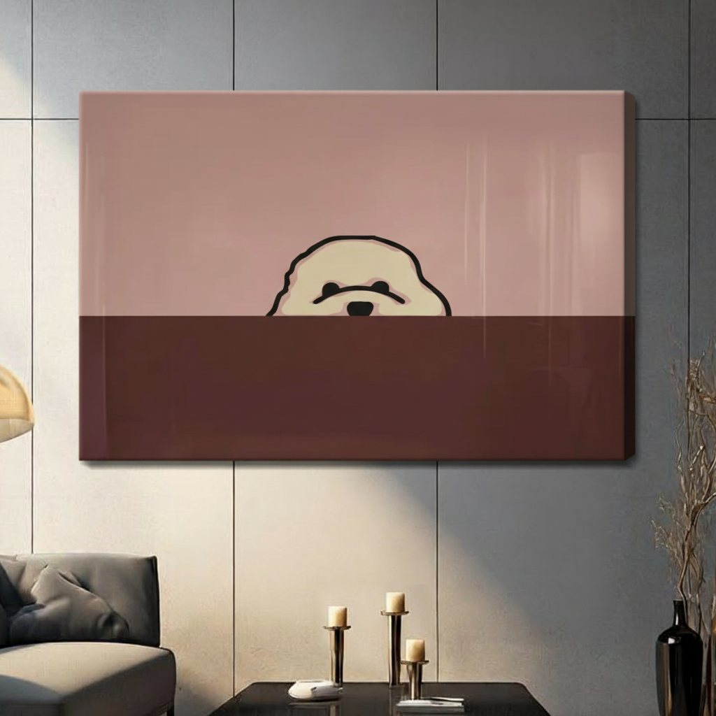 Unframed bichon frise peeking over ledge minimalist two-tone canvas print - funny cute dog line illustration wall art with soft dusty rose pink upper background and rich chocolate brown lower block for contemporary home decor