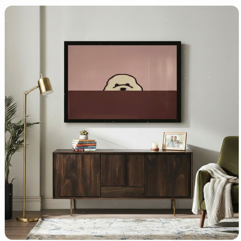 Bichon frise peeking minimalist two-tone frameless canvas above dark walnut sideboard with gold floor lamp and olive green armchair - playful cute dog illustration wall art with dusty rose and deep brown color block for mid-century modern living room decor