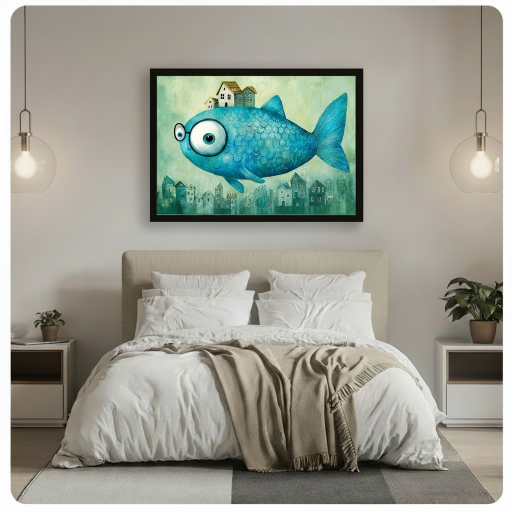 Big blue fish with glasses and houses on back framed wall art hung above a bed in a bright Scandinavian-style bedroom with pendant lights