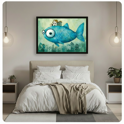 Big blue fish with glasses and houses on back framed wall art hung above a bed in a bright Scandinavian-style bedroom with pendant lights