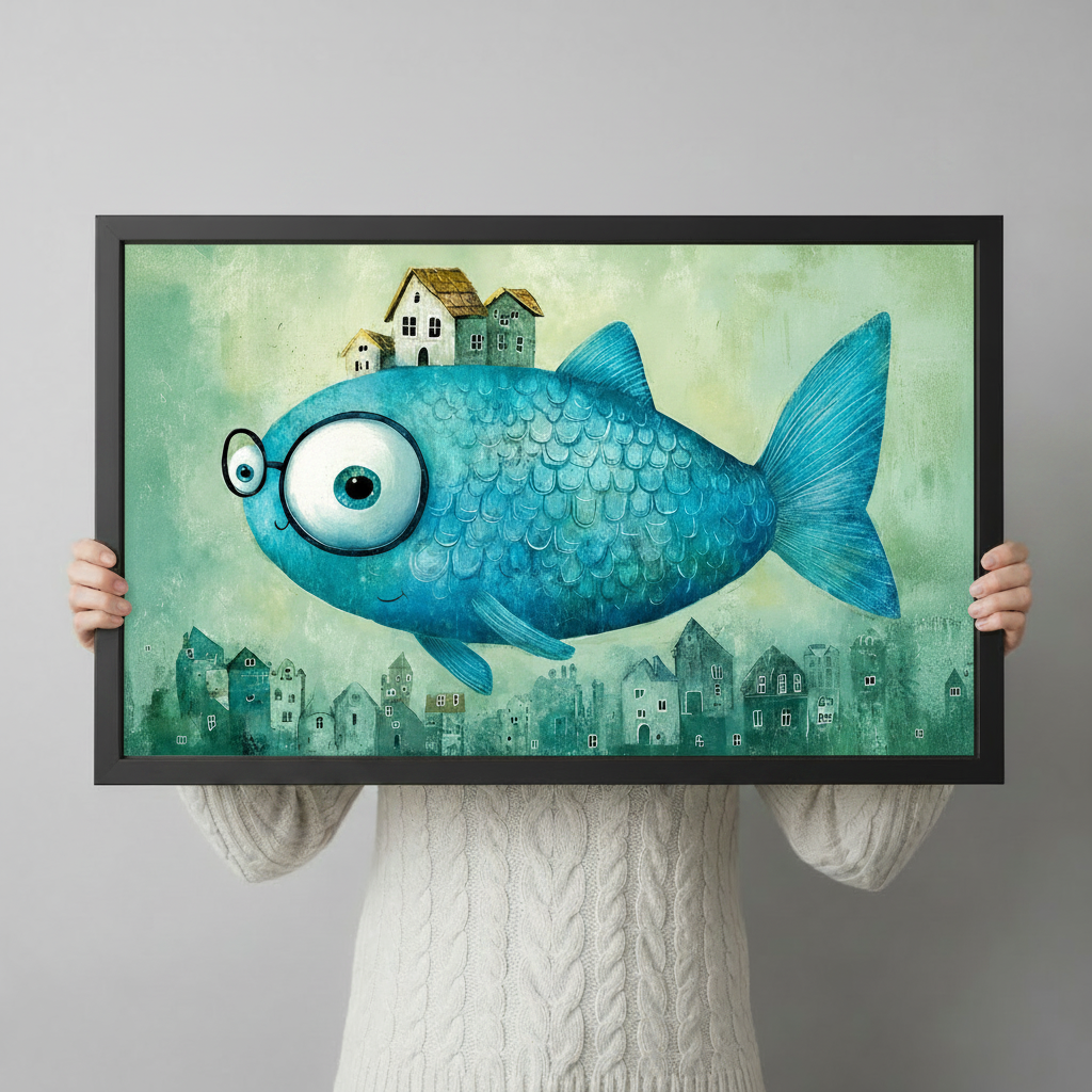Person holding a black framed big blue fish with glasses and houses art print showing rich teal tones and whimsical oil painting texture