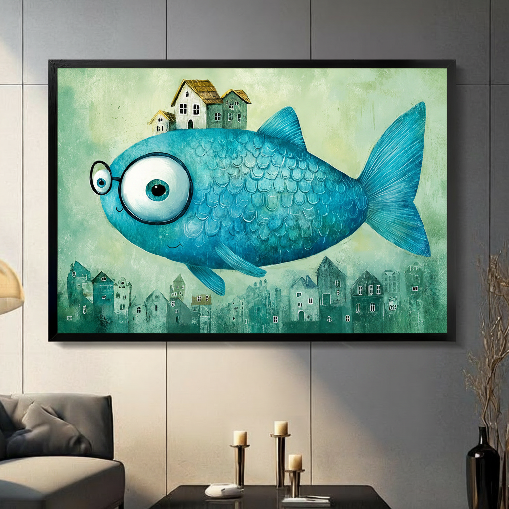 Whimsical big blue fish wearing glasses with tiny houses on its back framed wall art displayed on a grey panel wall in a modern living room