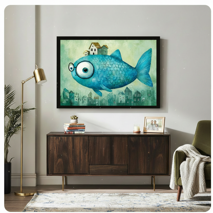  Quirky blue fish wearing glasses with houses on its back black framed print mounted above a dark walnut sideboard in a warm eclectic living room