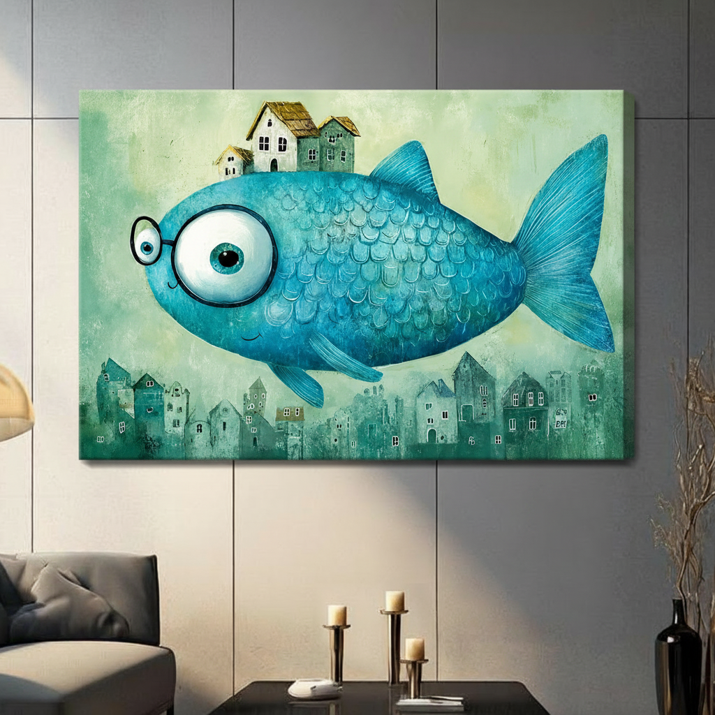 Stretched canvas print of a quirky blue fish with oversized glasses and miniature houses floating above a teal cityscape in a contemporary living room