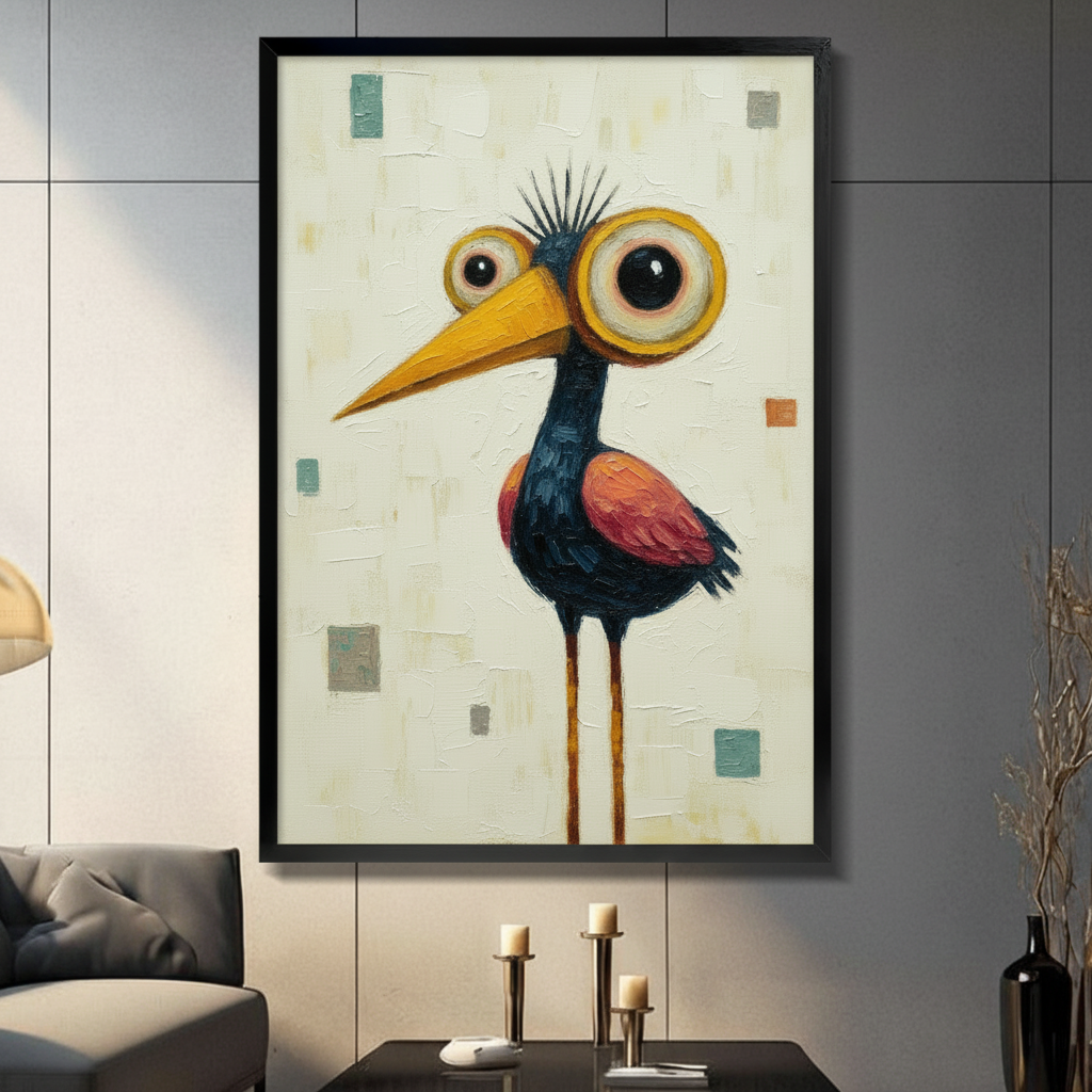 Framed whimsical big-eyed bird art print with yellow beak and colorful square accents, displayed in a modern living room setting