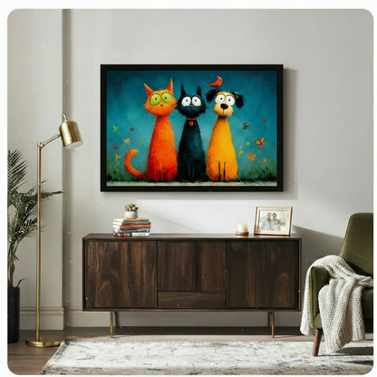 Big-eyed orange black and yellow cats and dog with butterfly canvas wall art in black frame above dark walnut sideboard in mid-century modern living room